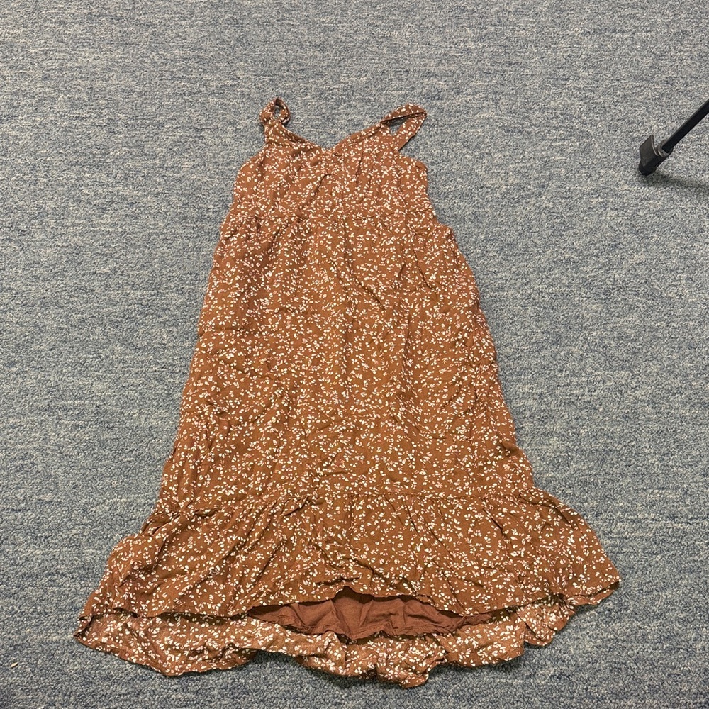 Brown Floral Ruffle Hem Slip Dress